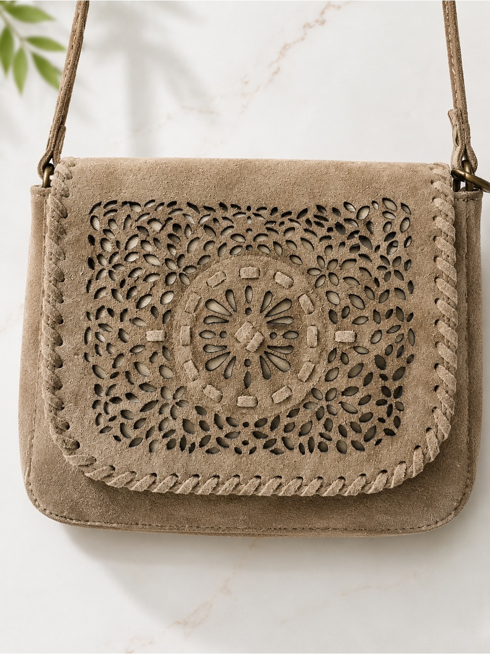 NWT Genuine Suede Crossbody Bag Taupe Laser Cut Boho Chic